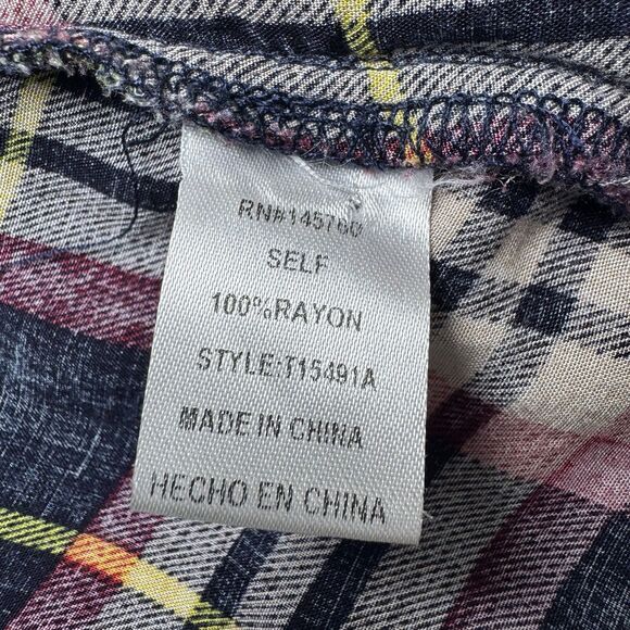 I Joah Womens Medium Oversized Plaid Ruffle Tunic Top Blue Red Poncho Boho Rayon - Picture 10 of 11